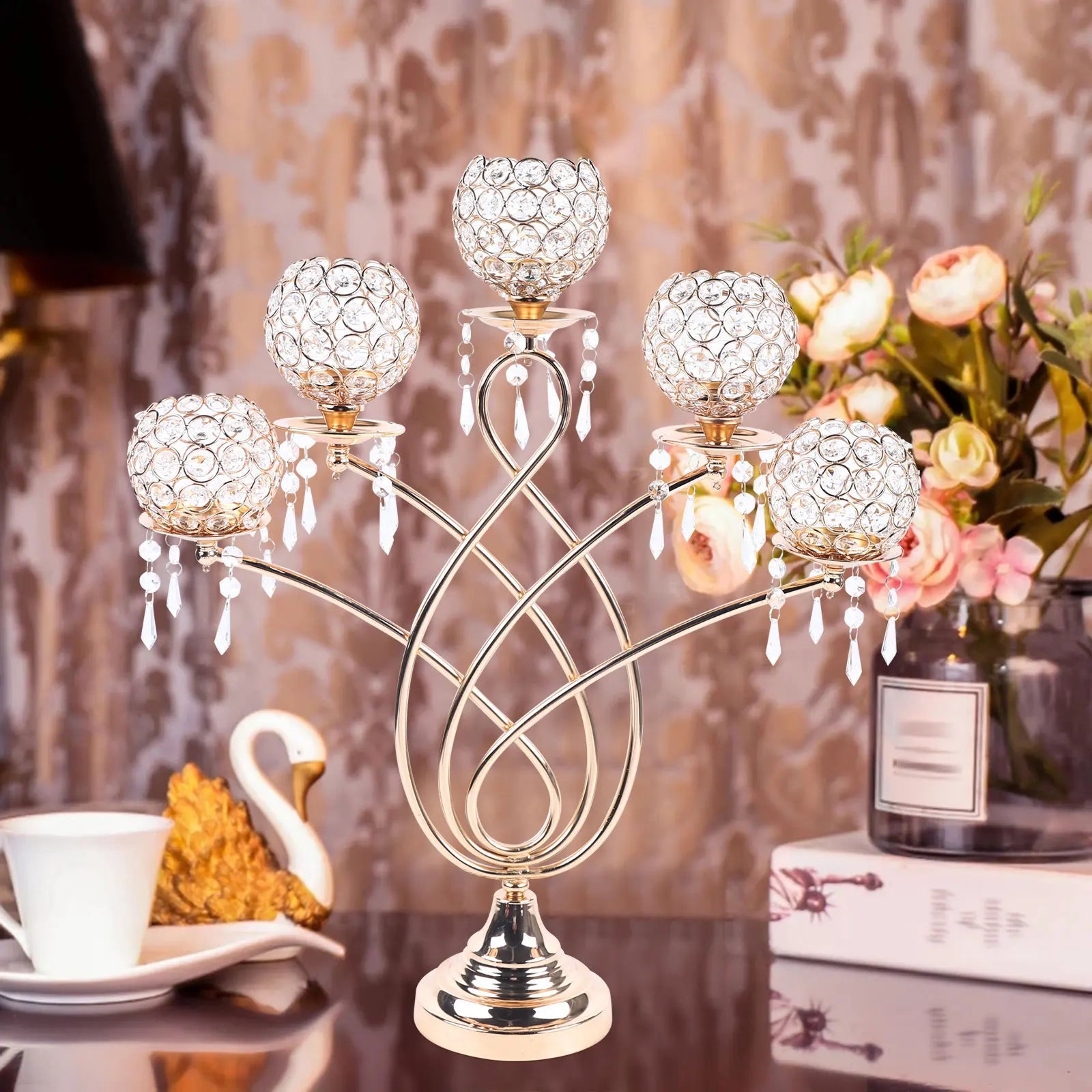 bougeoir en cristal doré à cinq bras pour décoration de mariage - vue 4 sur 7