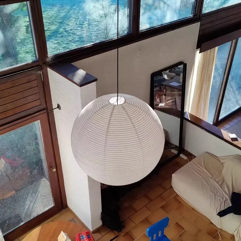 Washi Paper Pendant Lights Round Suspension Chandelier Hanging Lamp for Living Room Bedroom - vue 6 sur 11