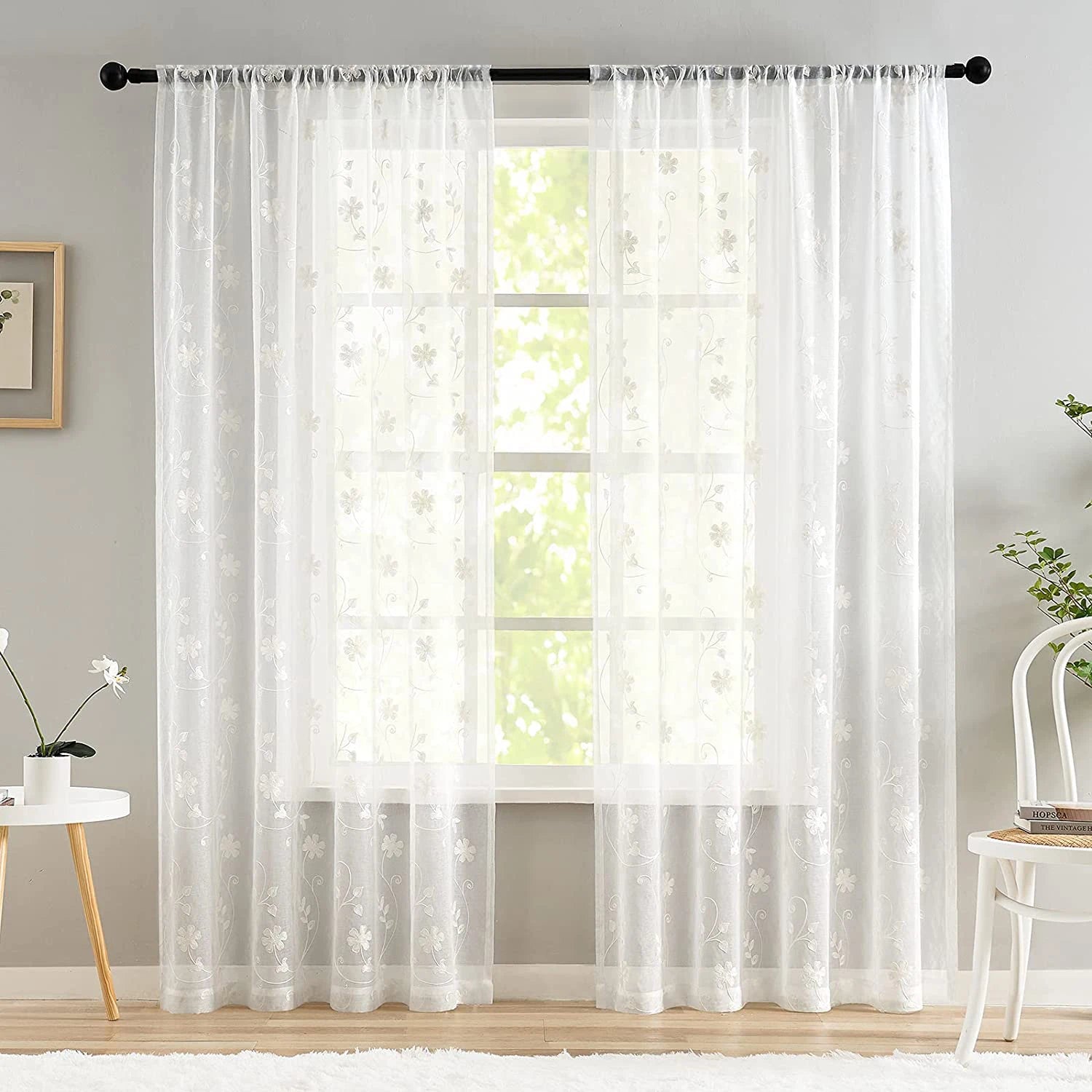 Voilage tulle brodé floral léger pour salon chambre