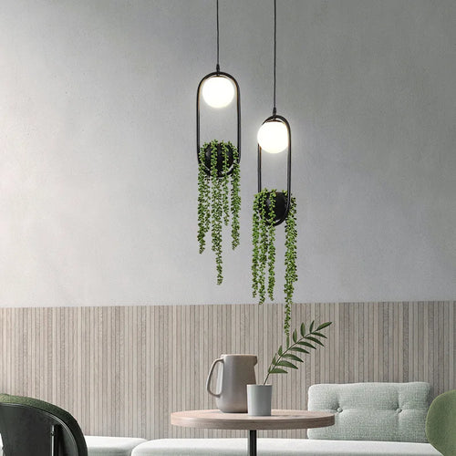 suspension rétro en fer avec plante décorative et éclairage led - vue 3 sur 7