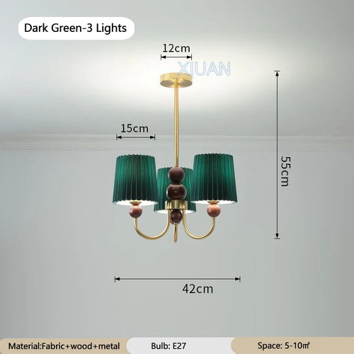 lustre led vintage américain en tissu plissé et bois wabi-sabi - vue 10 sur 12