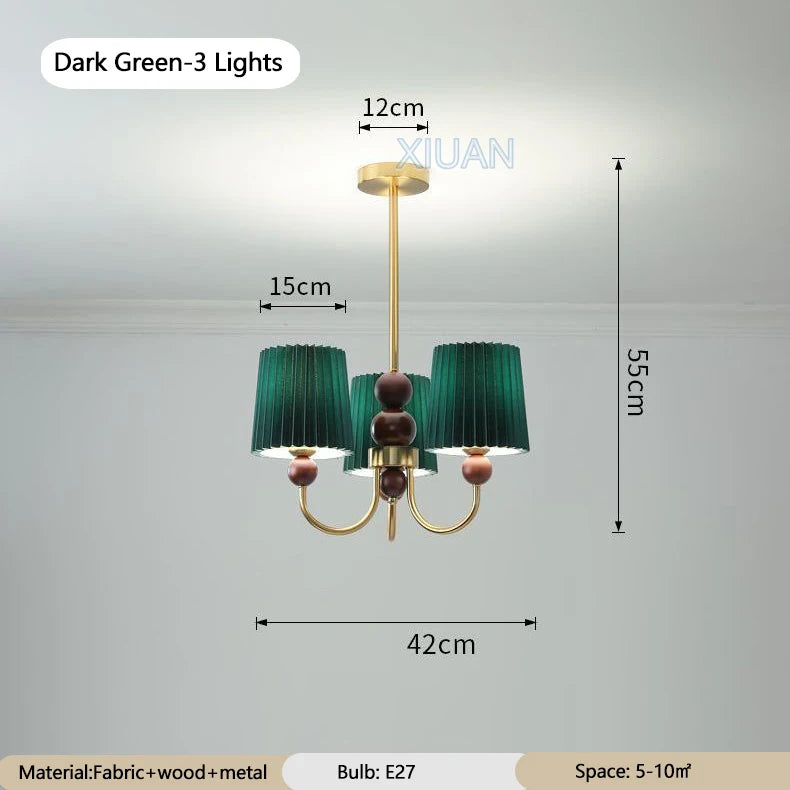 lustre led vintage américain en tissu plissé et bois wabi-sabi - vue 9 sur 12