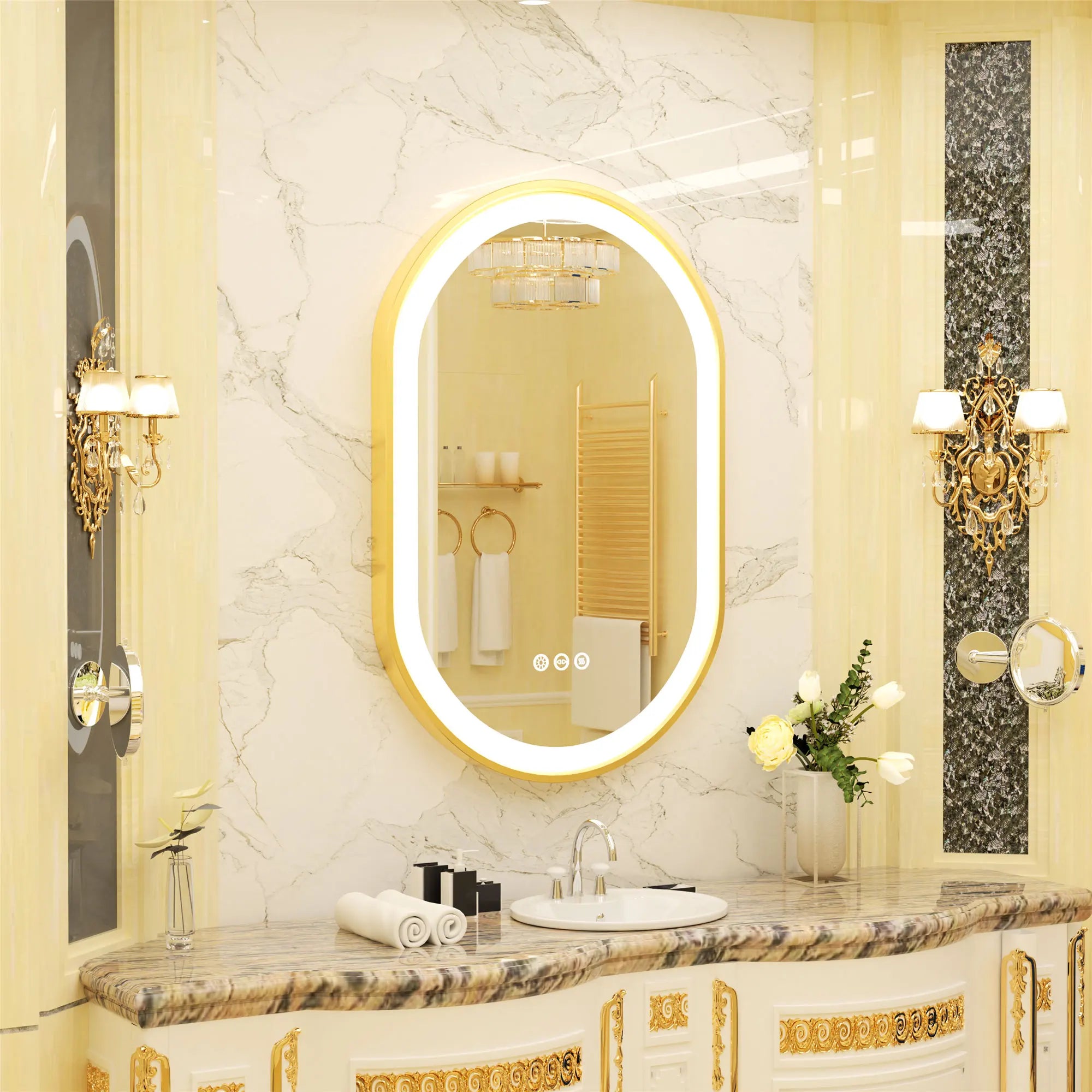 grand miroir oval à led avec éclairage intensité variable et antibuée