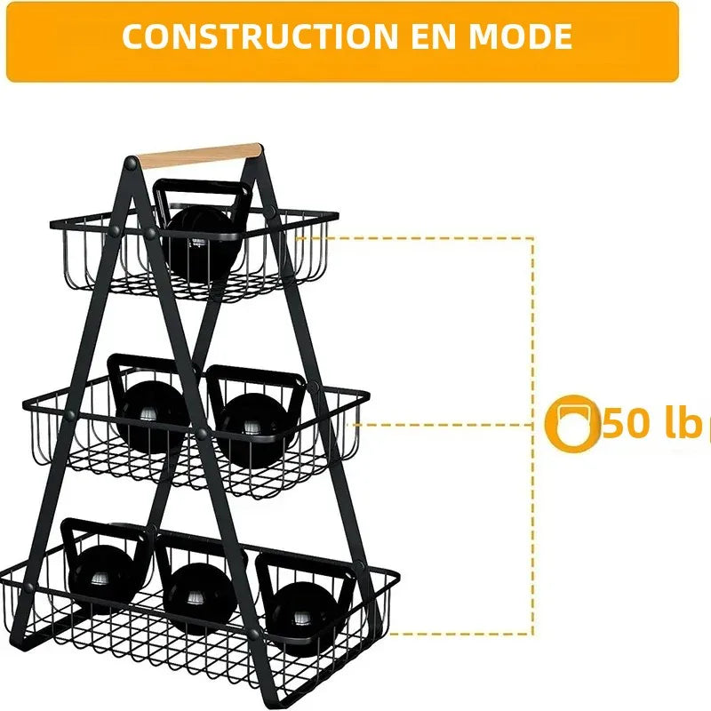 corbeille à fruits en métal à trois niveaux pour rangement de légumes - vue 4 sur 10