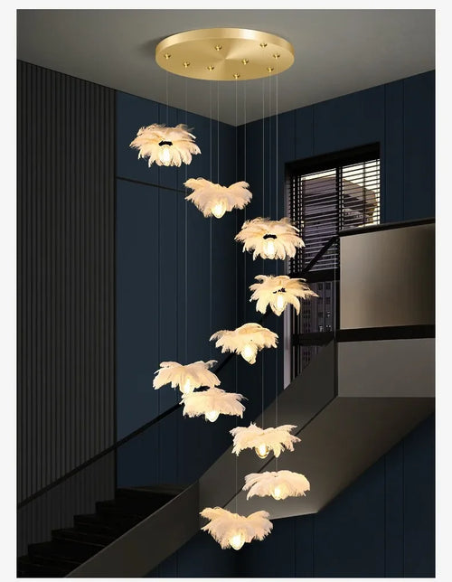 2024Staircase Feather Chandelier Ostrich Glass Design Pendant Chandelier Lighting Home Decor Suspend Lustre Fixtures - vue 7 sur 11