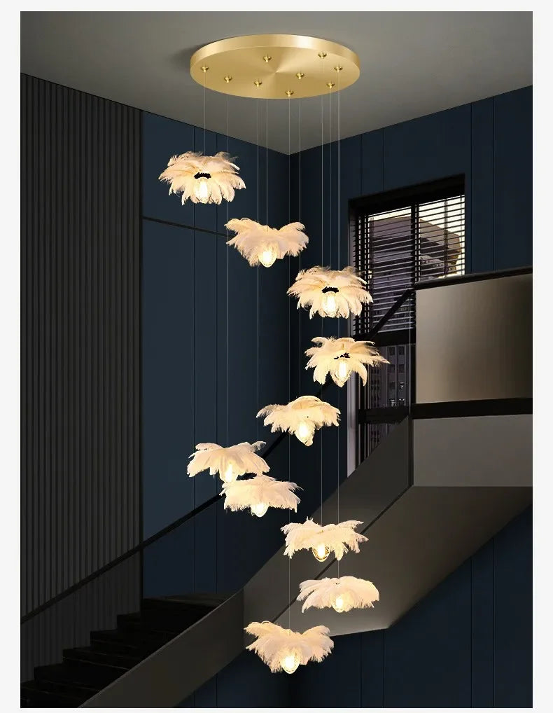 2024Staircase Feather Chandelier Ostrich Glass Design Pendant Chandelier Lighting Home Decor Suspend Lustre Fixtures - vue 6 sur 11