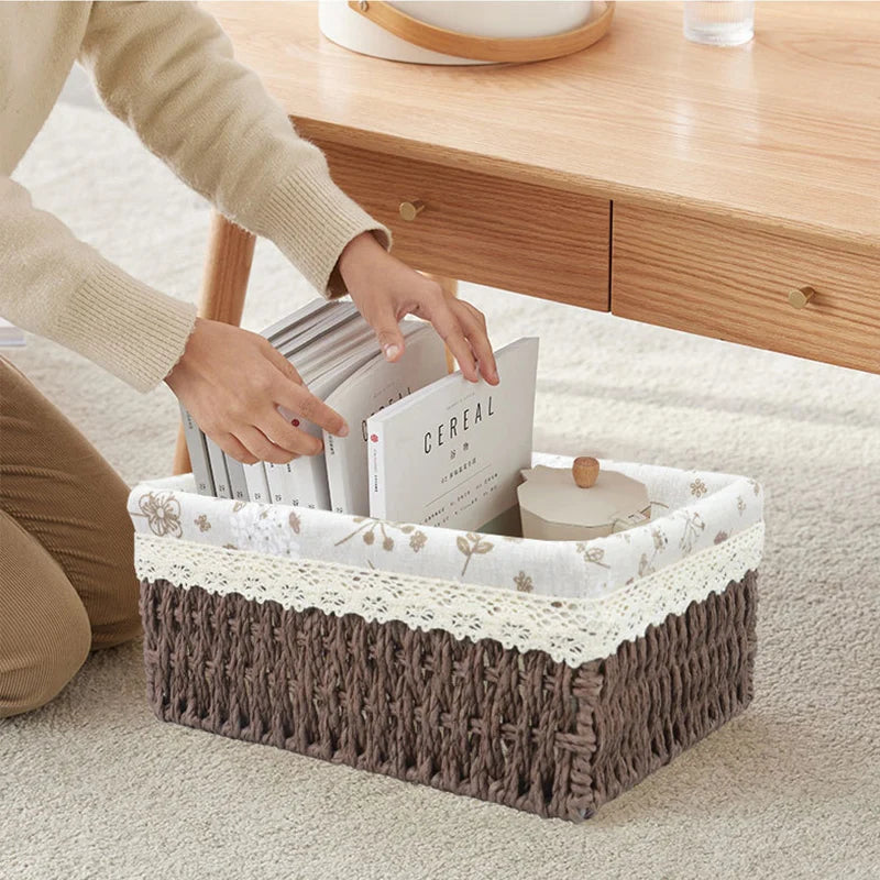 panier de rangement tissé en rotin avec doublure amovible décorative - vue 4 sur 12