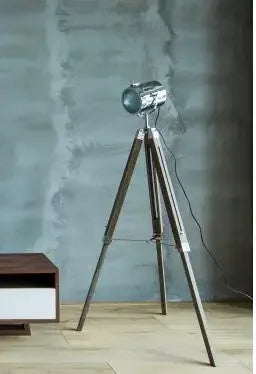 lampe de sol industrielle en bois avec trépied vintage réglable - vue 9 sur 9