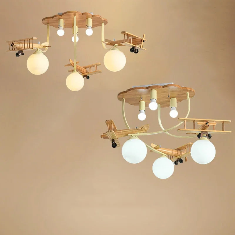 lustre en bois avion pour chambre d'enfant plafonnier led - vue 4 sur 7