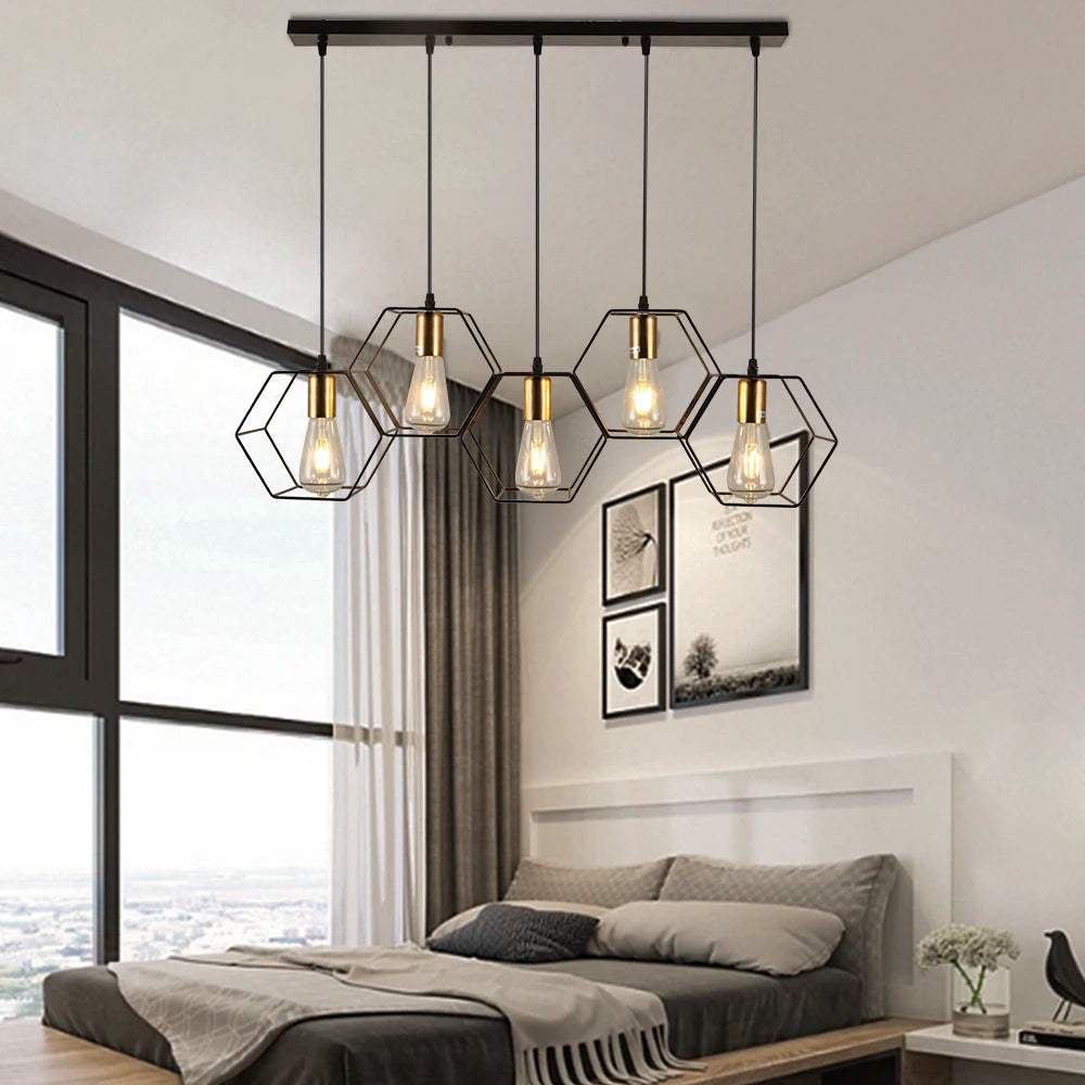 Loft Industrial Style Hexagonal Iron Art Dining Room Chandelier Retro Living Room Bedroom Lamp Bar Edison Creative Lamps - vue 2 sur 16