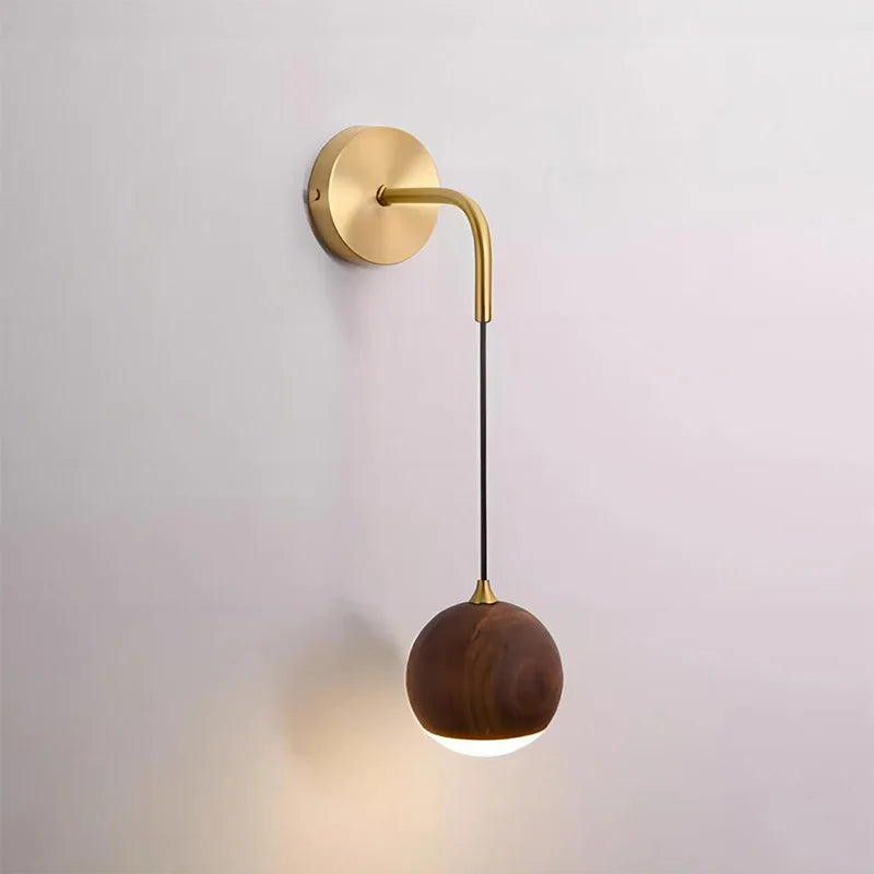 Walnut Wood Round ball Wall light, Wabi-sabi Modern style, Wall Sconces for Bedroom, Living, Corridor, Aisle balcony, Entrance - vue 5 sur 7