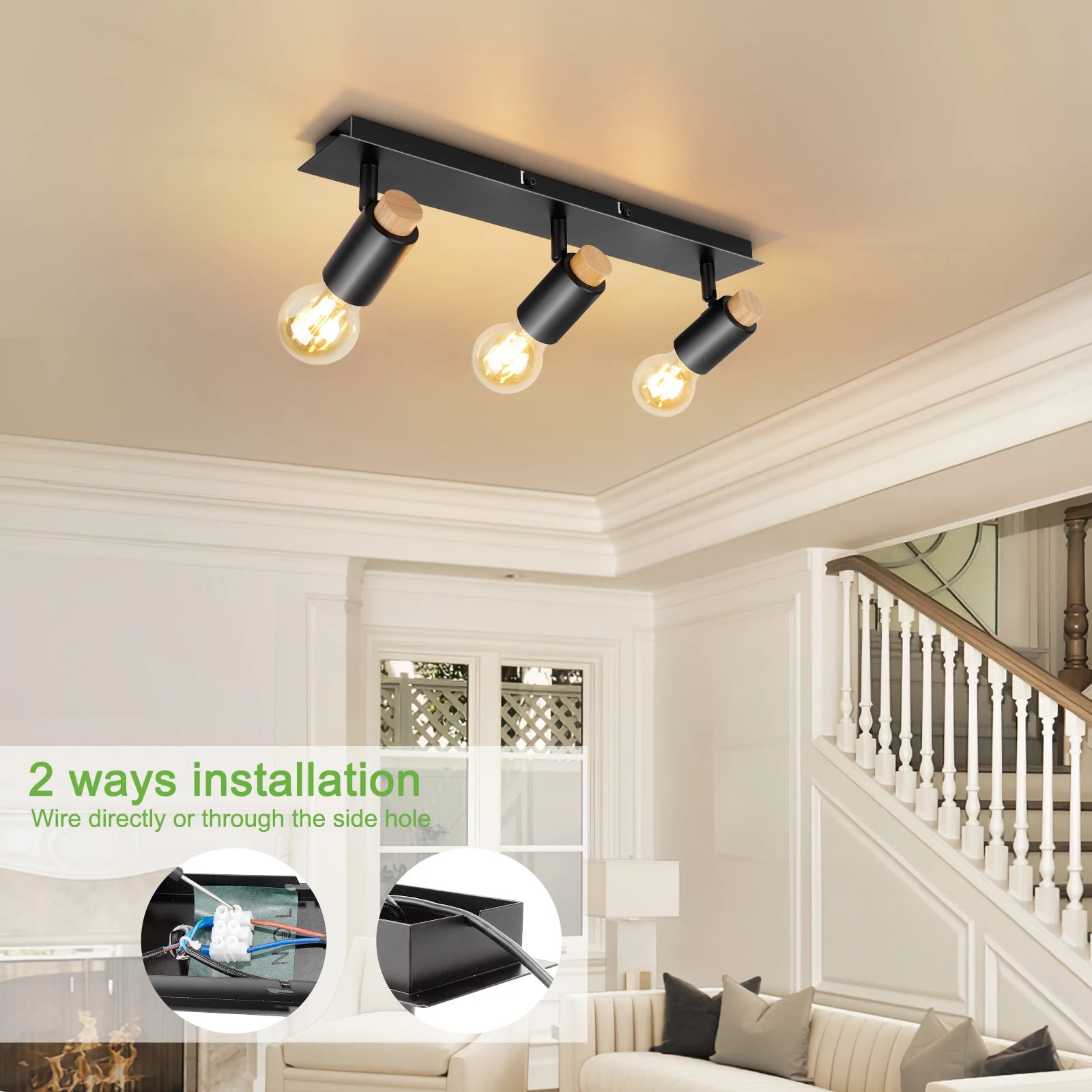 plafonniers Kimjo noir bois rotatif Spot luminaires plafond E27 - vue 6 sur 6