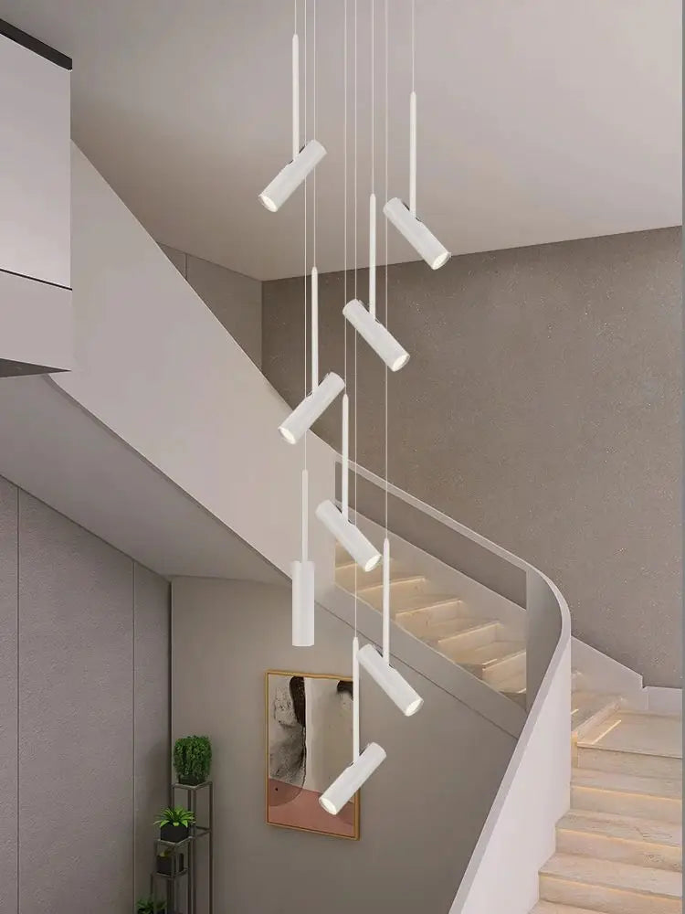 Led cylindrique spot suspension design moderne Restaurant éclairage noir blanc minimaliste escalier Long lustre - vue 3 sur 14