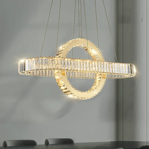 Lustre LED led moderne en acier doré avec cristaux et câble réglable - vue 2 sur 12