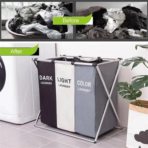 panier à linge pliable trois compartiments pour vêtements sales - vue 5 sur 9
