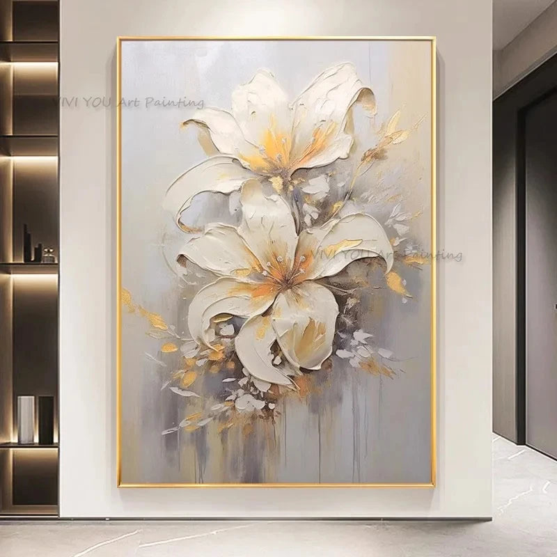 Tableau peinture à l'huile épaisse fleurs blanches abstraites décoration murale luxe - vue 6 sur 11