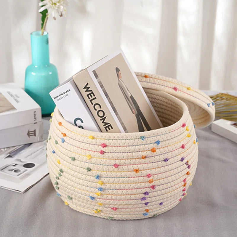panier de rangement en corde de coton à pois colorés pour organisation