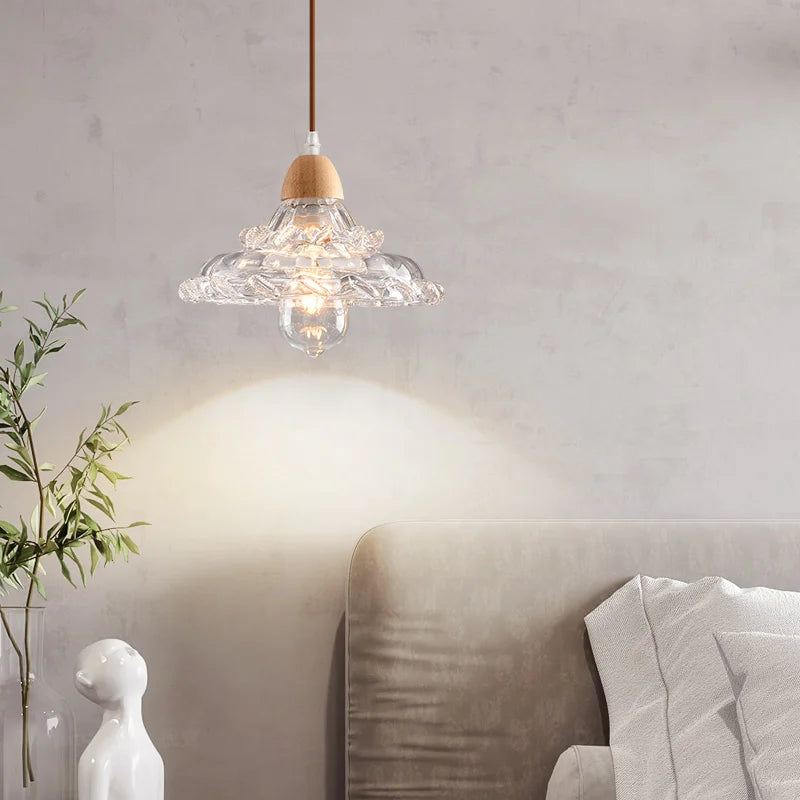 lustre nordique led suspendu moderne en bois et verre - vue 3 sur 13