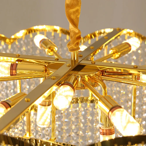 lustre moderne en cristal doré haute suspension design élégant pour intérieur - vue 5 sur 9