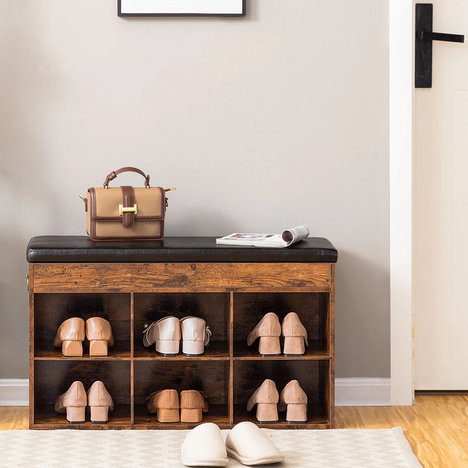 meuble à chaussures avec banc rembourré et étagère à 6 compartiments - vue 5 sur 7