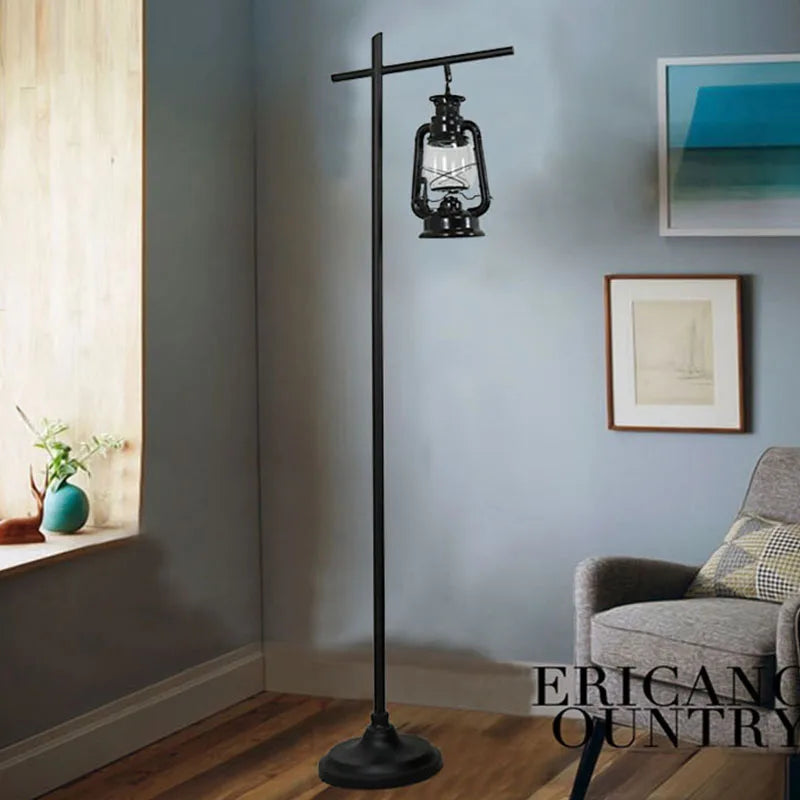 American retro floor lamp, black kerosene lamp, living room bedside lamp, Nordic industrial style iron art LED floor lamp - vue 3 sur 8
