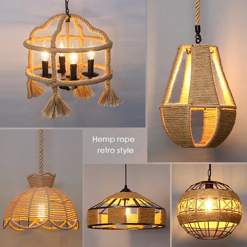 Sisal chanvre corde suspension plafonnier Lustre suspendu Lustre fer main tressage rustique rétro pour salle à manger décor - vue 3 sur 28