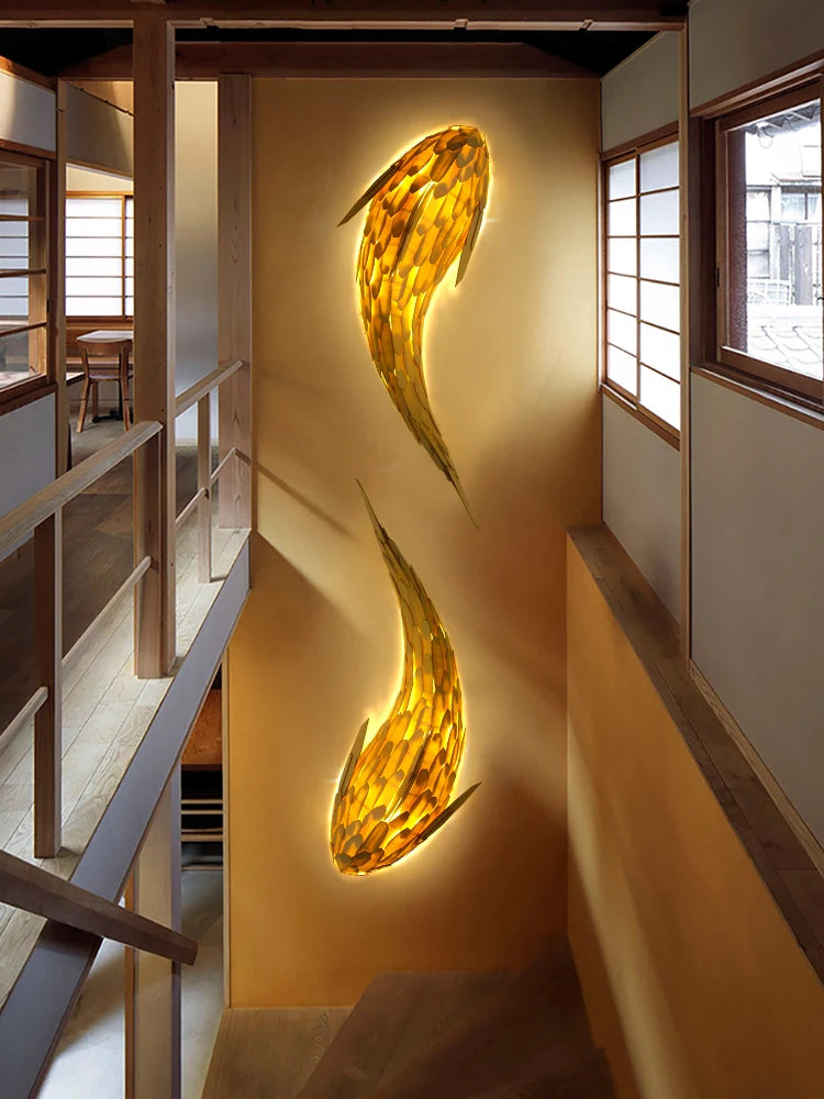 applique murale led bambou design nordique tissée main forme poisson - vue 5 sur 8