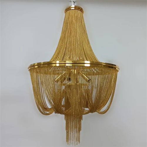 lustre moderne à pampilles en aluminium doré avec chaîne décorative - vue 6 sur 12