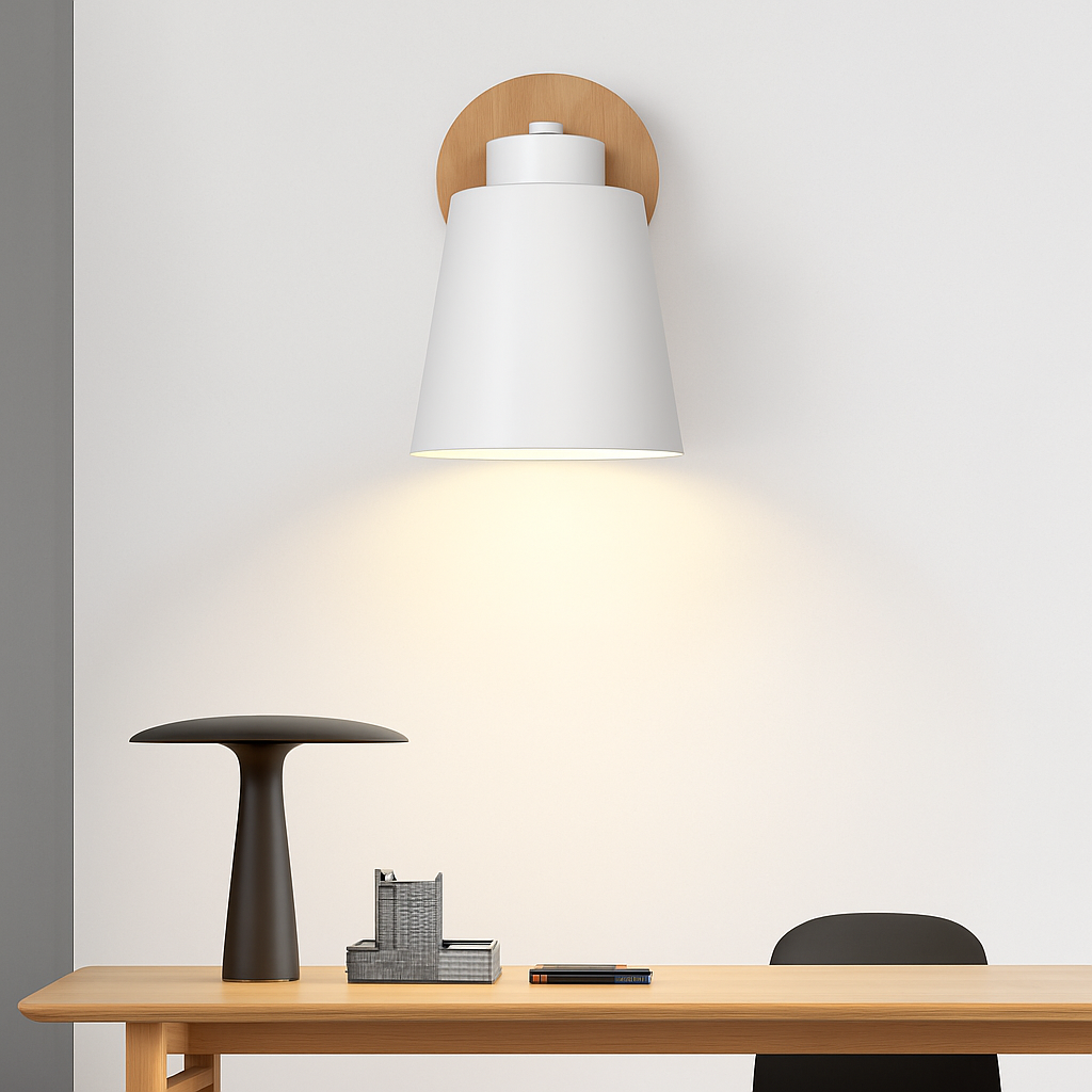 Applique murale LED abat-jour orientable en métal et support en bois - vue 2 sur 11
