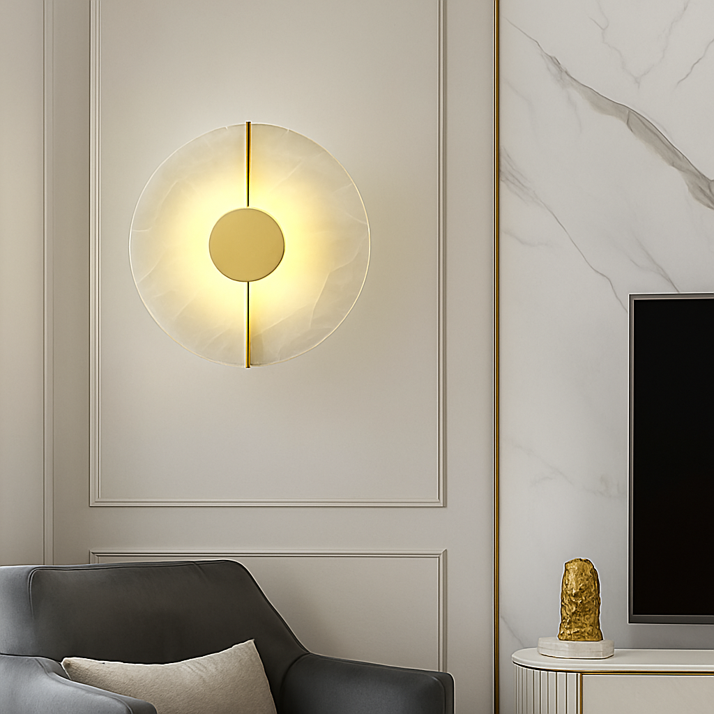 Applique murale LED ronde en marbre et cuivre doré - vue 3 sur 7