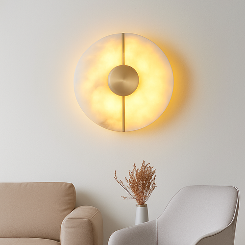 Applique murale LED ronde en marbre et cuivre doré - vue 3 sur 10