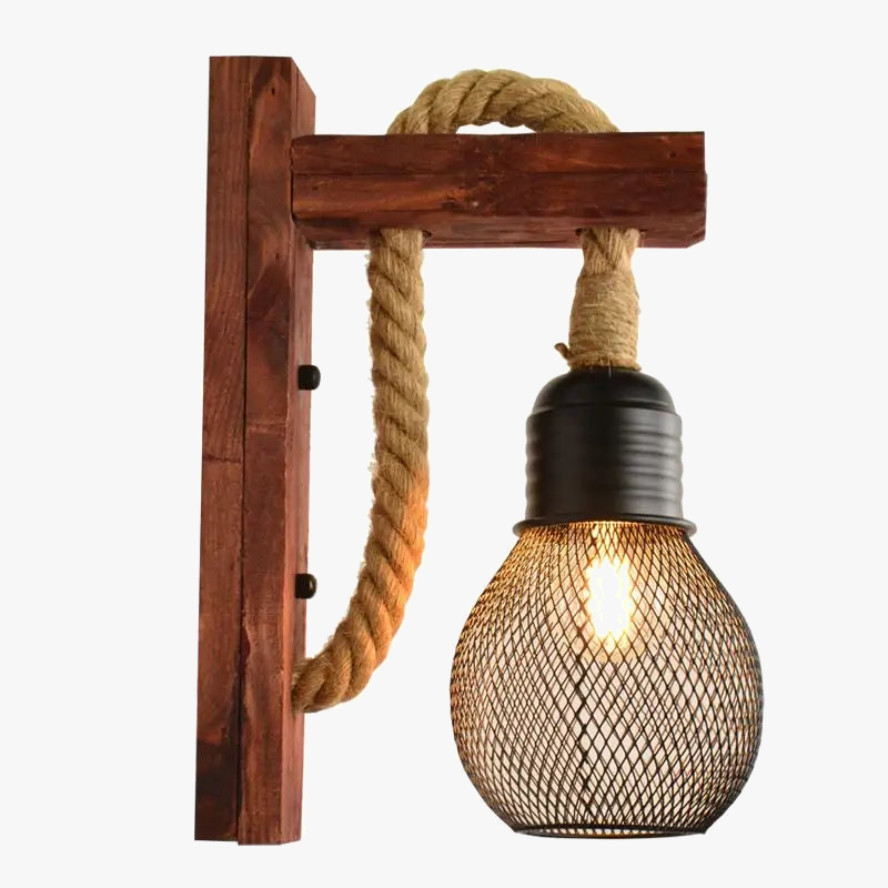 applique murale vintage industrielle en bois et corde de chanvre led loft