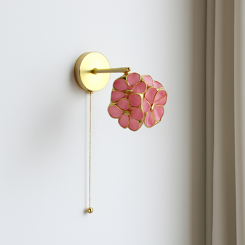 applique murale vintage interrupteur à chaînette style nordique fleurs roses - vue 3 sur 23