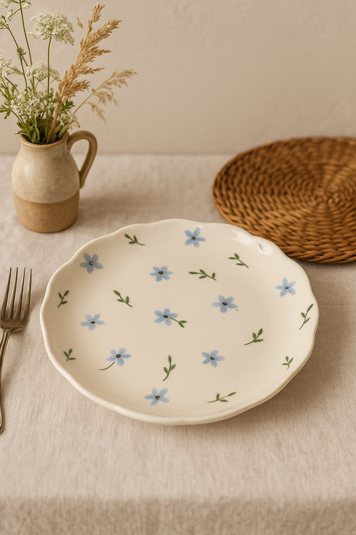Assiette ceramique artisanale style coreen motif floral irregulier - vue 2 sur 2