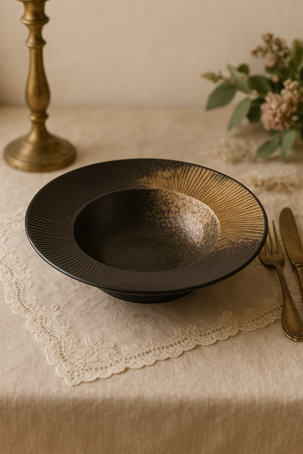 Assiette creuse céramique style chapeau paille japonaise rayures