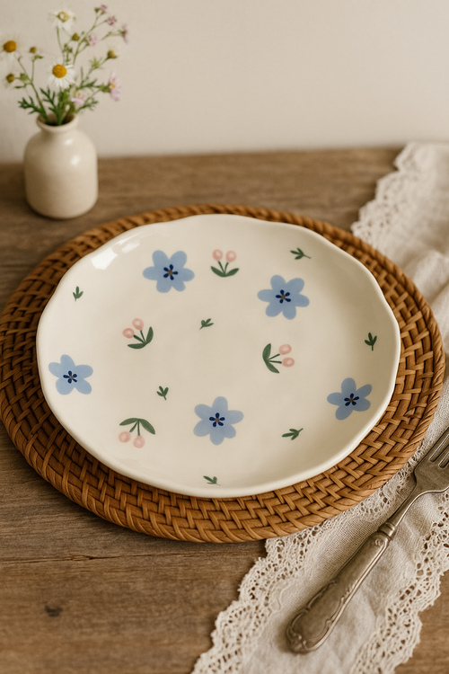 Assiette gateau ceramique artisanale style coreen motif floral - vue 2 sur 2