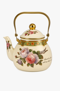Bouilloire vintage email motif fleuri poignée dorée 15l