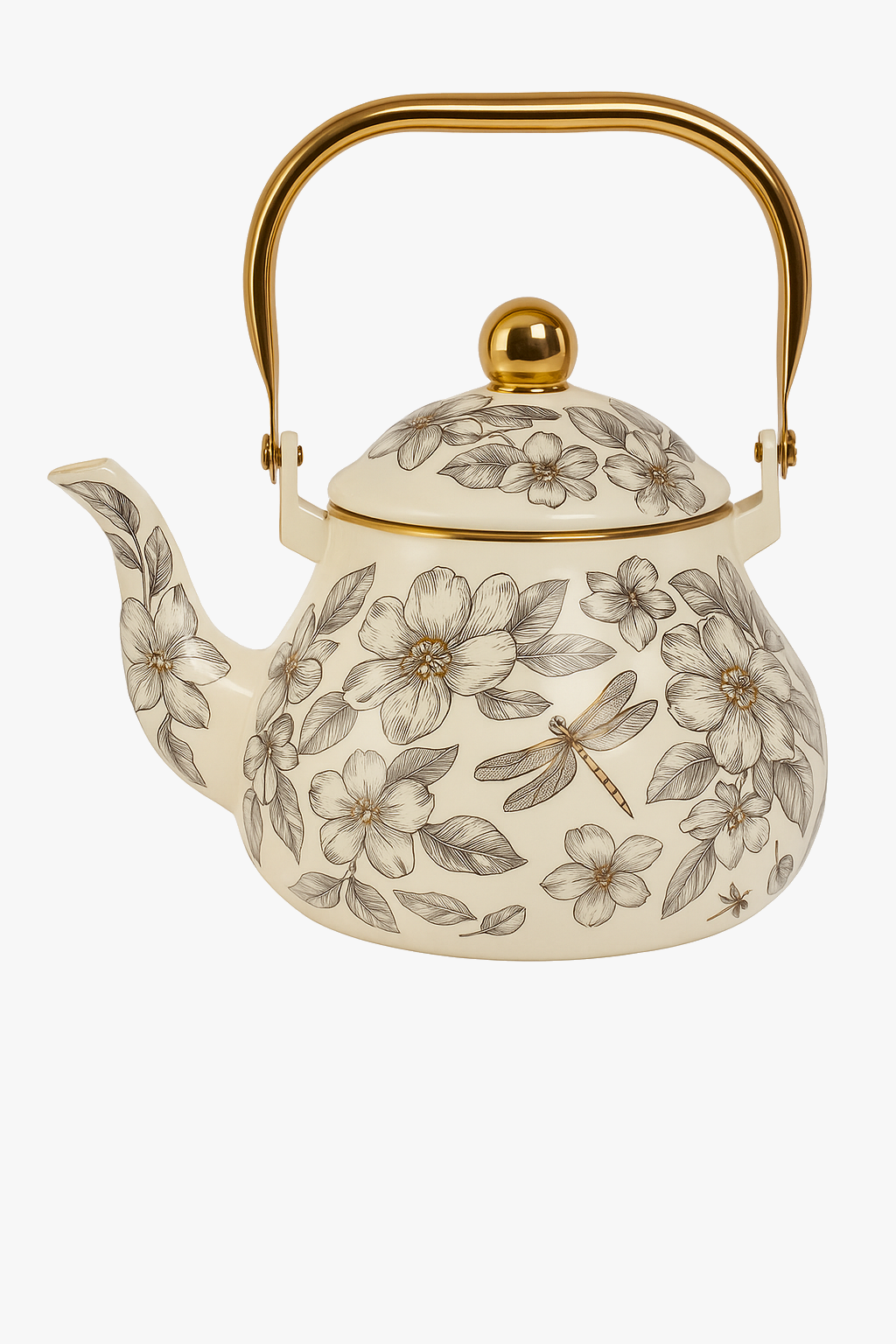 bouilloire vintage en émail motif floral poignée dorée