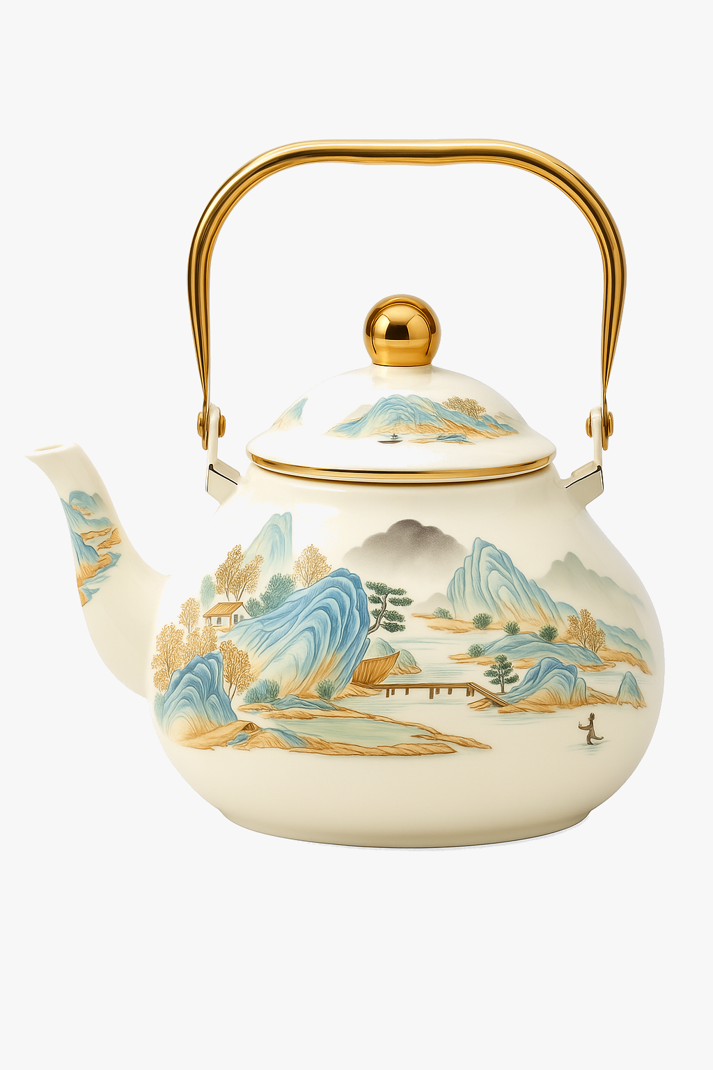 bouilloire vintage émaillée motif floral poignée dorée cuisine