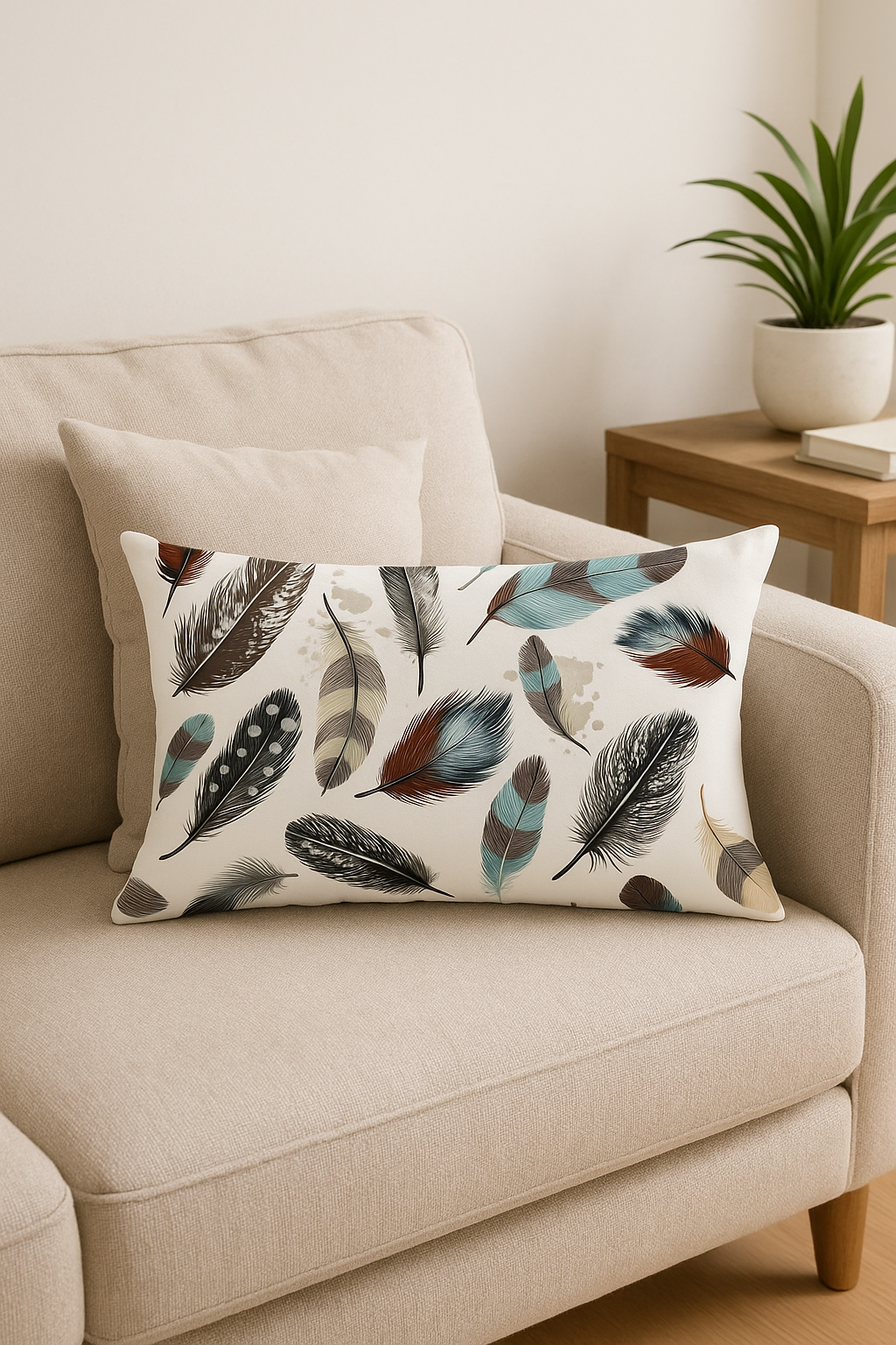 coussin décoratif rectangulaire motif plumes 30 x 50 cm