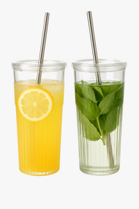 Gobelet verre rayé 600 ml avec couvercle paille