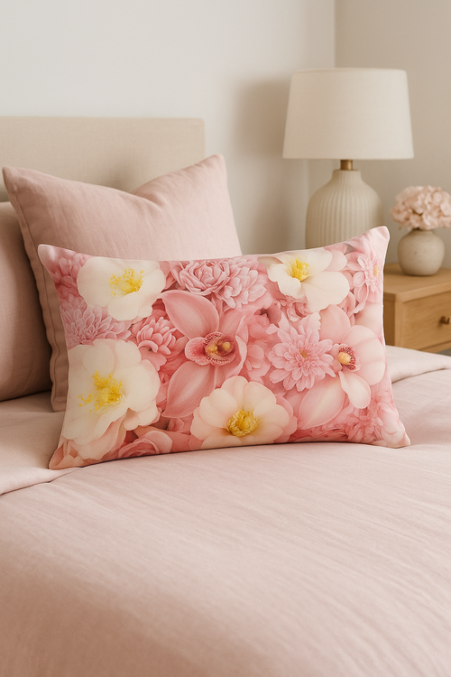 housse de coussin arc-en-ciel à fleurs rouges et roses - vue 2 sur 2