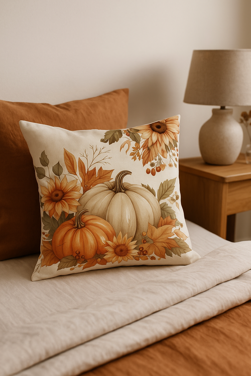 housse de coussin automnal avec écureuil et citrouille décorative - vue 2 sur 2