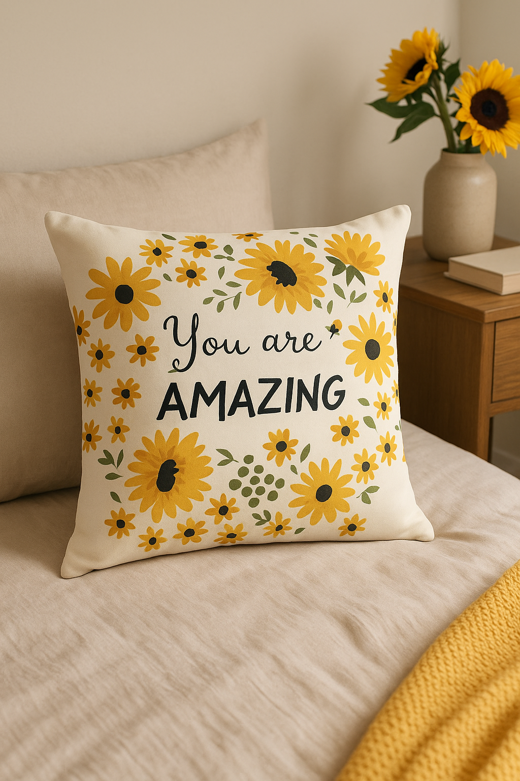 housse de coussin carré jaune motif tournesol créatif 45x45 cm - vue 2 sur 2
