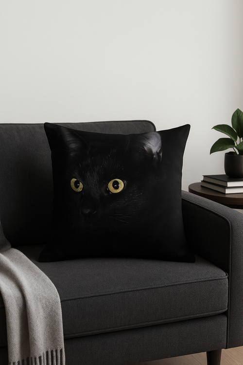 housse de coussin carrée chat noir pour déco intérieure - vue 2 sur 2