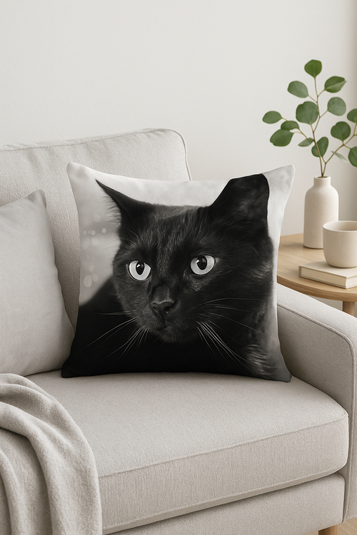 housse de coussin carrée chat noir pour décoration intérieure - vue 2 sur 2