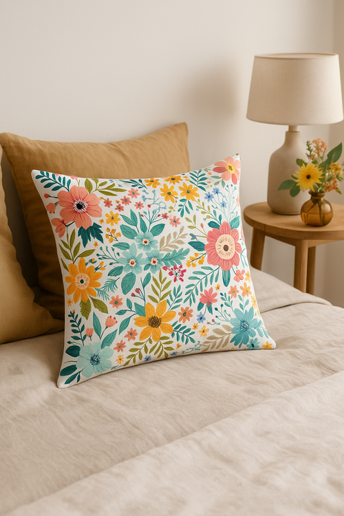 housse de coussin carrée fleurs aquarelle 45x45 cm décorative - vue 2 sur 2