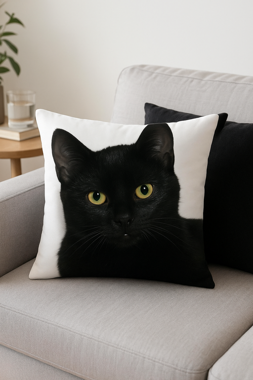 housse de coussin carrée imprimée chat noir décoratif - vue 2 sur 2