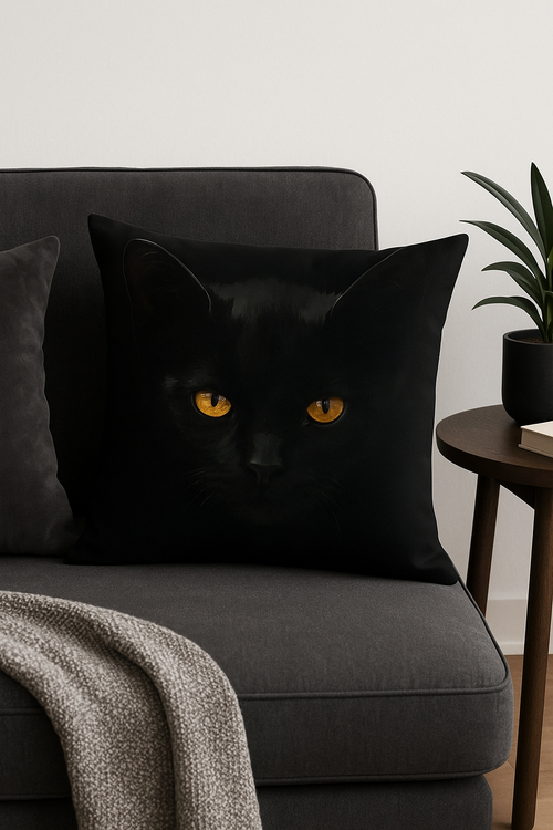 housse de coussin carrée imprimée chat noir décoratif - vue 2 sur 2