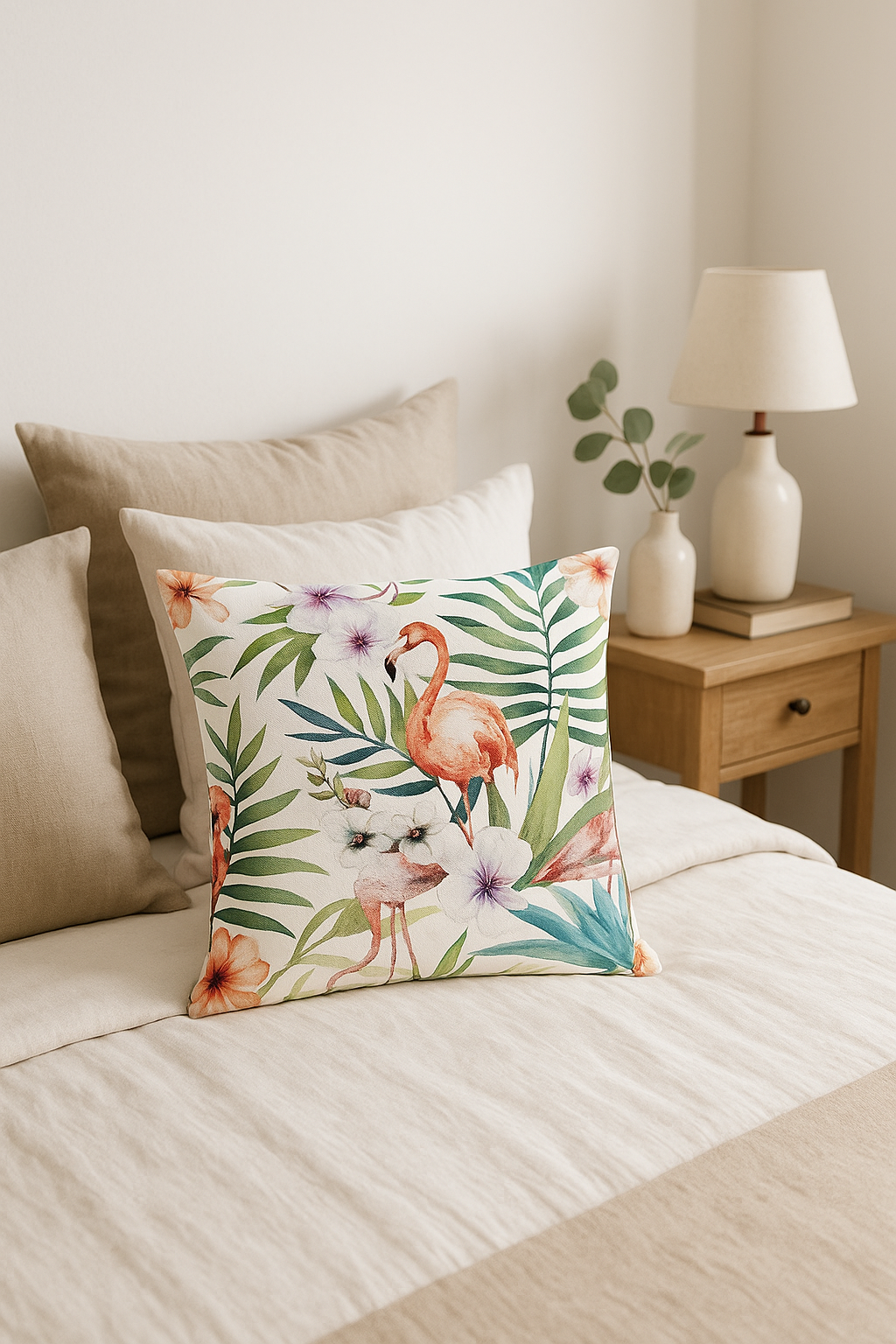 housse de coussin carrée motif flamant rose décoratif et coloré